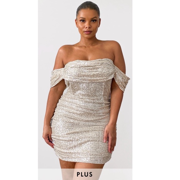 PrettyLittleThing Dresses & Skirts - PLT Plus Cream Sequin Bardot Bodycon Dress